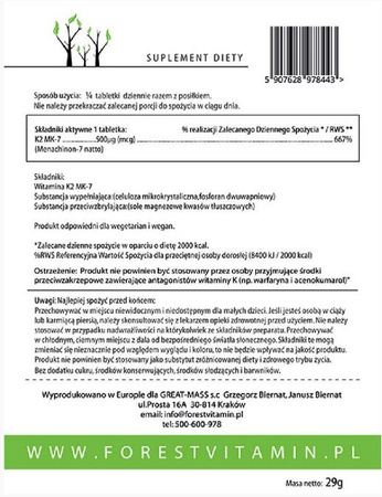 FOREST Vitamin K2 MK7 500mcg - 100tabl