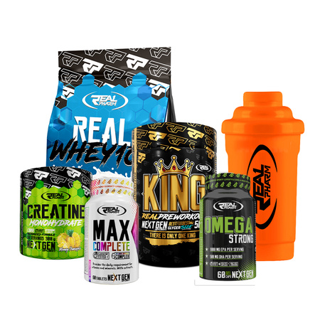 Zestaw Real Pharm Kreatyna 300g + Real Whey 100 700g + Shaker 600ml + Omega 3 Strong 60kaps + MAX Complete 60 tabs + King Preworkout 500g